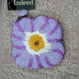 New With Tag Purple/White/Yellow Beaded Flower Coin Purse with Zipper 4"x4"